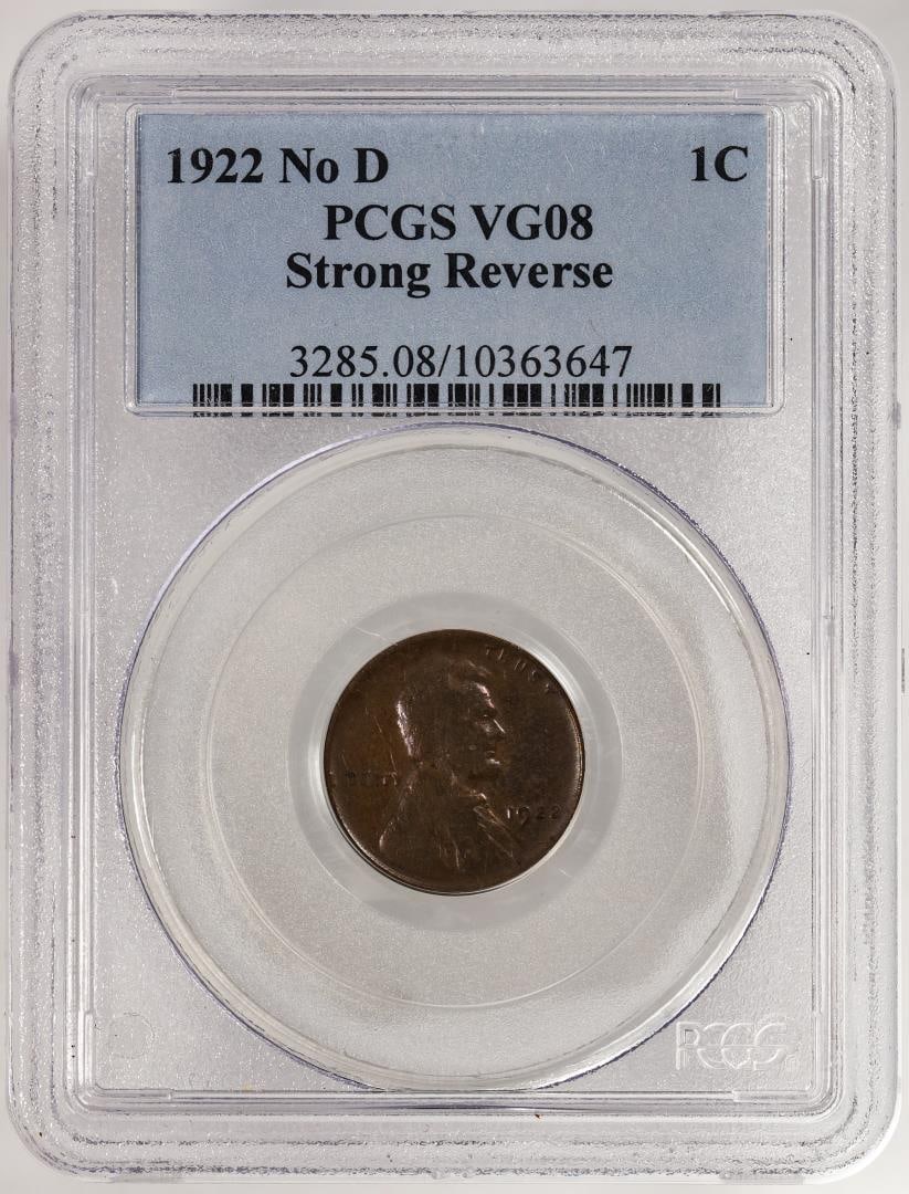 1922 No D Strong Reverse Lincoln Wheat Cent Coin PCGS VG08: One 1922 No D Strong Reverse Lincoln Wheat Cent Coin PCGS VG08. PCGS Graded.