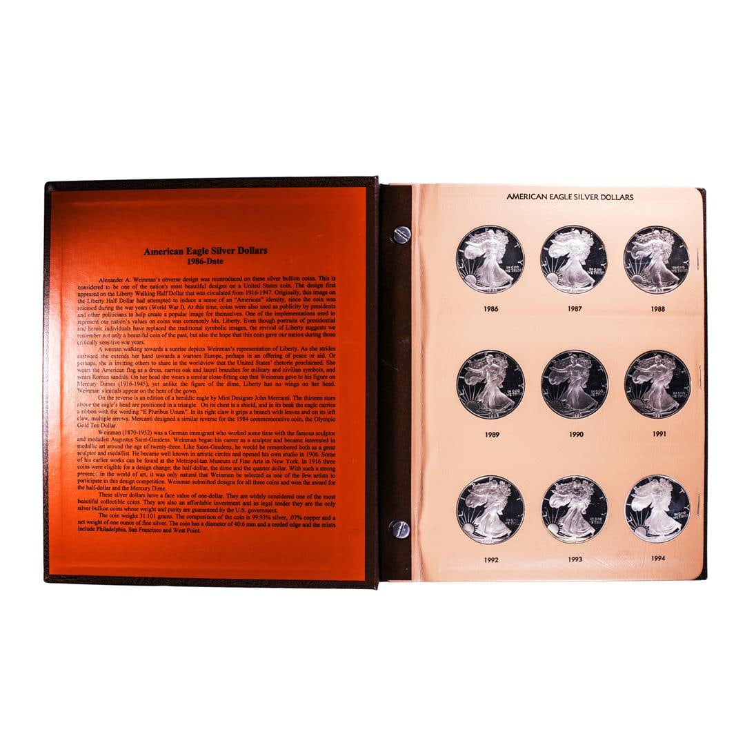 Set of 1986-2020 $1 Proof American Silver Eagle (37) Coins in Dansco Book: One Set of 1986-2020 $1 Proof American Silver Eagle (37) Coins in Dansco Book, please note that the 2009 coin appears to have been altered with a hologram finish.