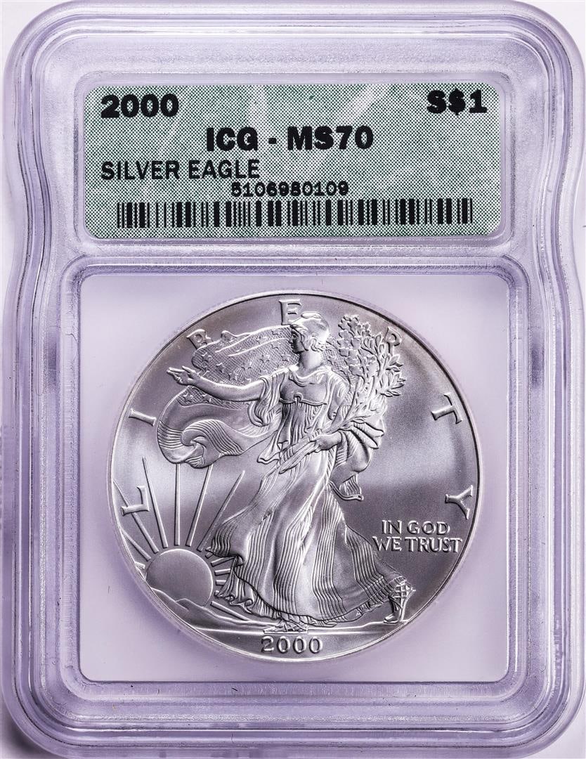 2000 $1 American Silver Eagle Coin ICG MS70: One 2000 $1 American Silver Eagle Coin ICG MS70. ICG Certified.