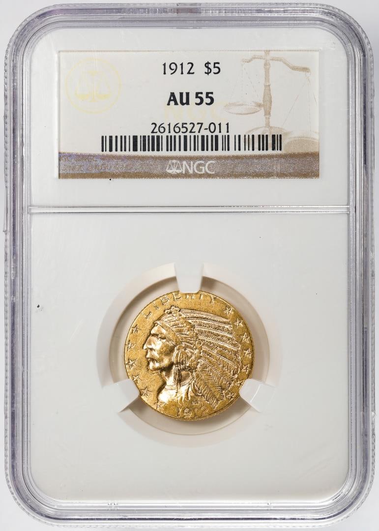 1912 $5 Indian Head Half Eagle Gold Coin NGC AU55: One 1912 $5 Indian Head Half Eagle Gold Coin NGC AU55. NGC Certified.