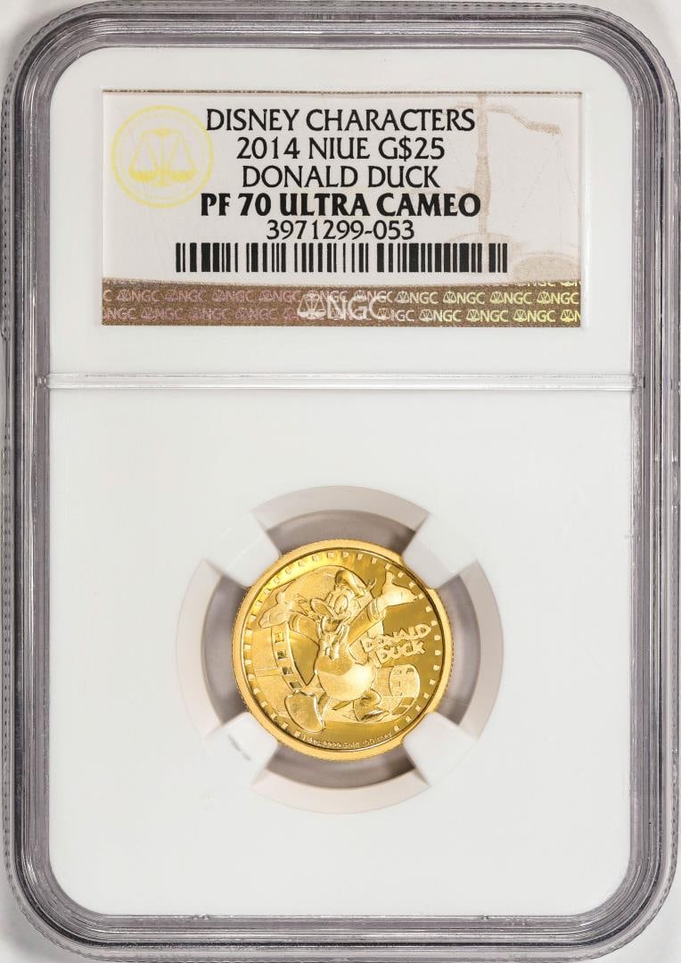 2014 Niue $25 Proof Disney Characters Donald Duck Gold Coin NGC PF70 Ultra Cam W/ COA: One 2014 Niue $25 Proof Disney Characters Donald Duck Gold Coin NGC PF70 Ultra Cam W/ COA. NGC Certified.
