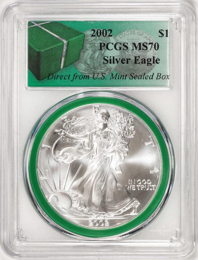 2002 $1 American Silver Eagle Coin PCGS MS70 Direct From U.S. Mint Sealed Box: One 2002 $1 American Silver Eagle Coin PCGS MS70 Direct From U.S. Mint Sealed Box. PCGS Graded.
