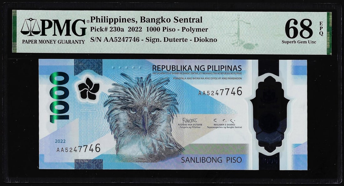2022 Philippines Central Bank 1000 Piso Note P230a PMG Superb Gem Uncirculated 68EPQ: One 2022 Philippines Central Bank 1000 Piso Note P230a PMG Superb Gem Uncirculated 68EPQ. PMG Certified.