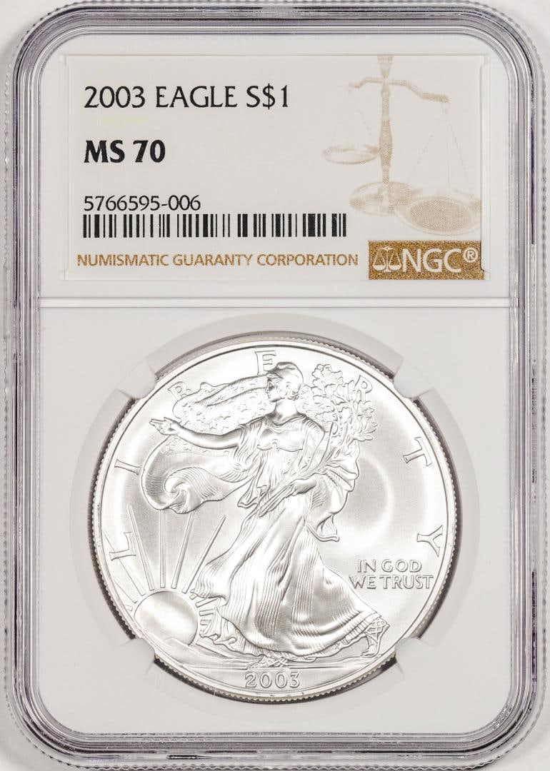 2003 $1 American Silver Eagle Coin NGC MS70: One 2003 $1 American Silver Eagle Coin NGC MS70. NGC Certified.