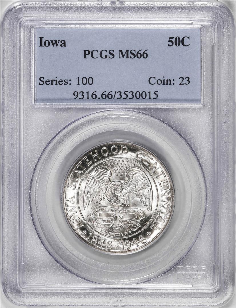 1946 Iowa Commemorative Half Dollar Coin PCGS MS66: One 1946 Iowa Commemorative Half Dollar Coin PCGS MS66. PCGS Graded.
