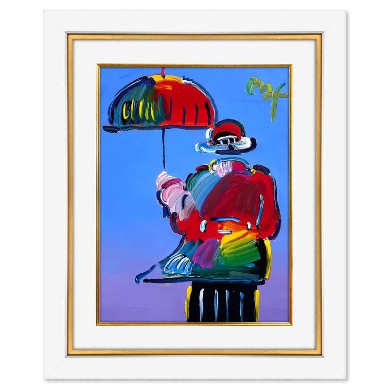 Peter Max "Umbrella Man" Original Mixed Media on Paper: "Umbrella Man" is a one-of-a-kind acrylic mixed media on paper, hand signed by Peter Max. On the reverse side of this piece there is a registration number from Peter Max Studios certifying authenticit