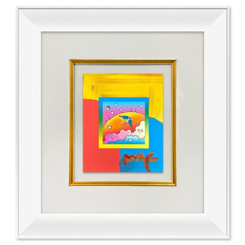 Peter Max "Angel with Clouds" Original Mixed Media on Paper: "Angel with Clouds" is a one-of-a-kind acrylic mixed media on paper, hand signed by Peter Max. On the reverse side of this piece there is a registration number from Peter Max Studios certifying authen