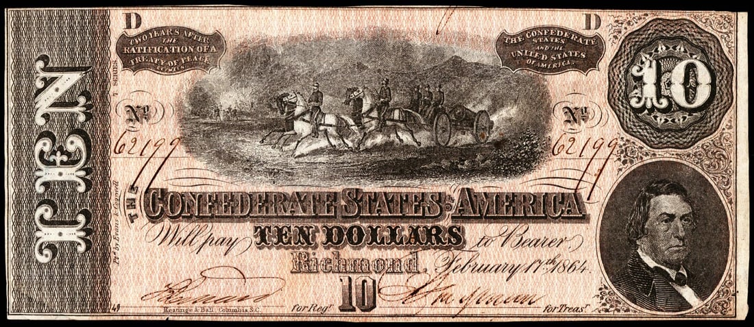 1864 $10 Confederate States of America Note: One 1864 $10 Confederate States of America Note.
