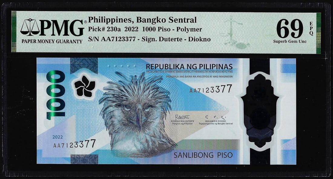 2022 Philippines Central Bank 1000 Piso Note P230a PMG Superb Gem Uncirculated 69EPQ: One 2022 Philippines Central Bank 1000 Piso Note P230a PMG Superb Gem Uncirculated 69EPQ. PMG Certified.