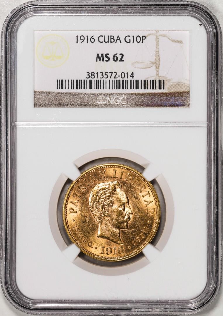 1916 Cuba 10 Pesos Gold Coin NGC MS62: One 1916 Cuba 10 Pesos Gold Coin NGC MS62. NGC Certified.
