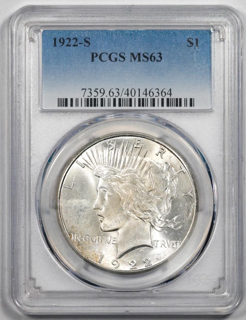 1922-S $1 Peace Silver Dollar Coin PCGS MS63: One 1922-S $1 Peace Silver Dollar Coin PCGS MS63. PCGS Graded.
