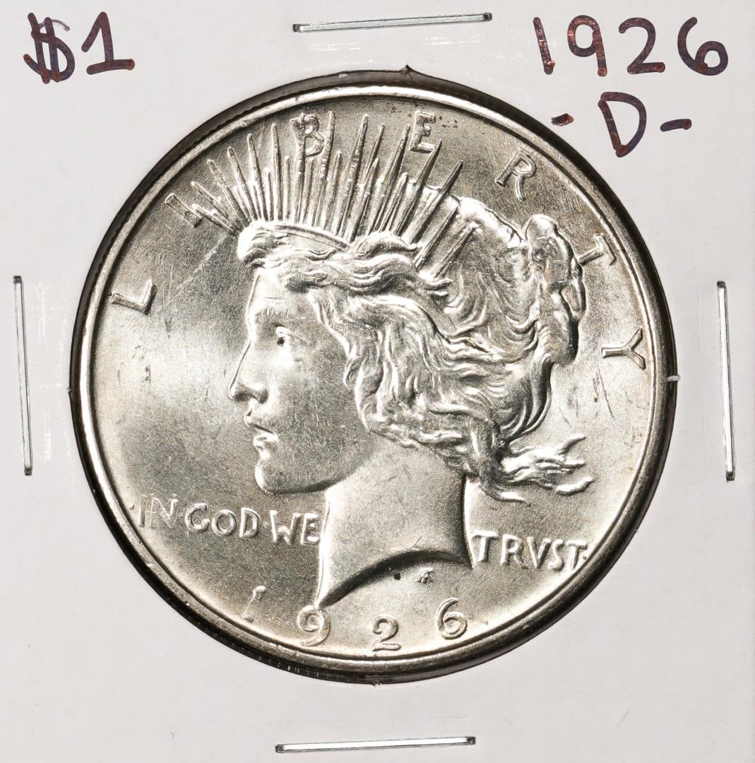 1926-D $1 Peace Silver Dollar Coin: One 1926-D $1 Peace Silver Dollar Coin.