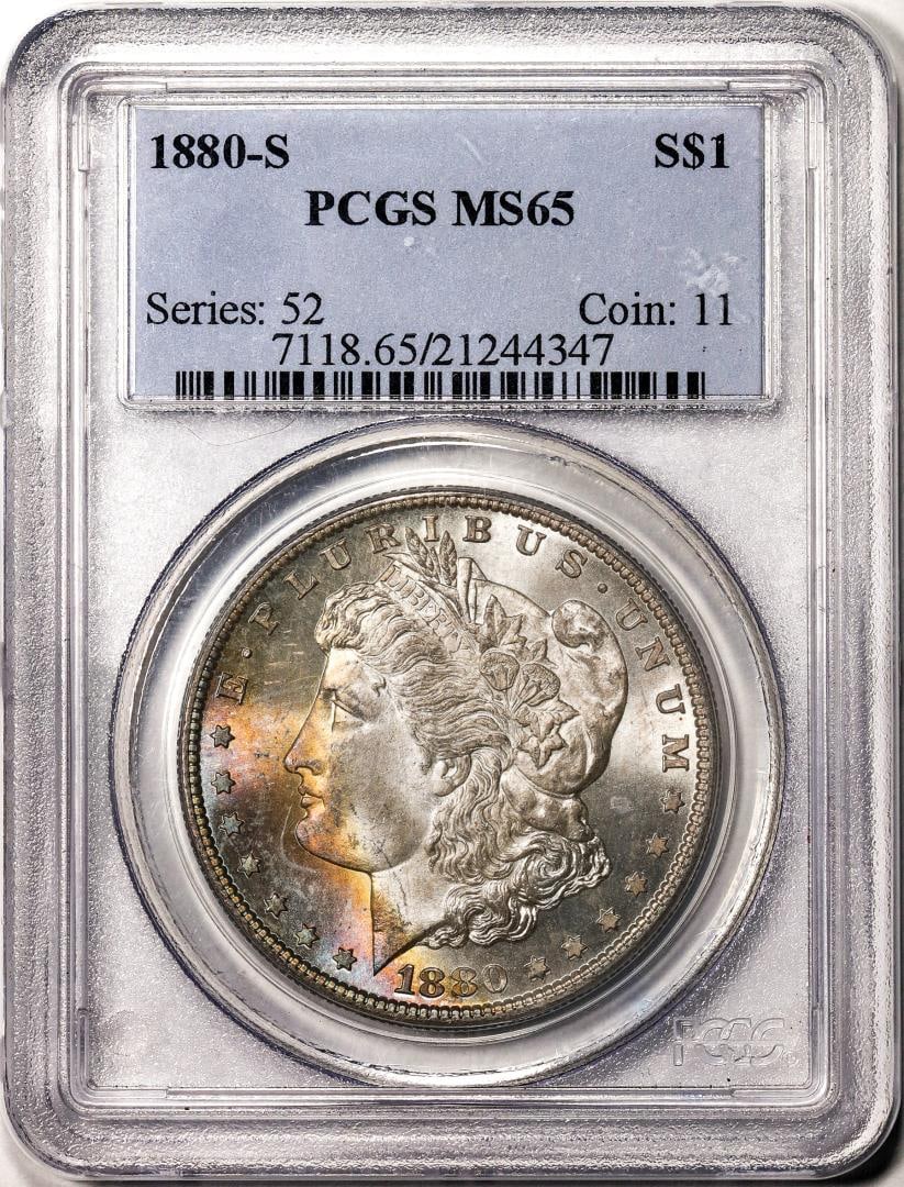 1880-S $1 Morgan Silver Dollar Coin PCGS MS65 Great Toning: One 1880-S $1 Morgan Silver Dollar Coin PCGS MS65 Great Toning. PCGS Graded.