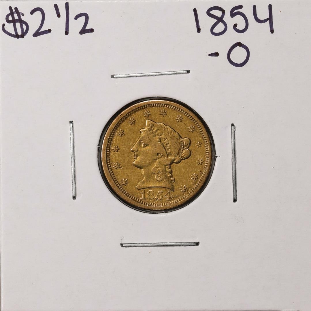1854-O $2 1/2 Liberty Head Quarter Eagle Gold Coin: One 1854-O $2 1/2 Liberty Head Quarter Eagle Gold Coin.