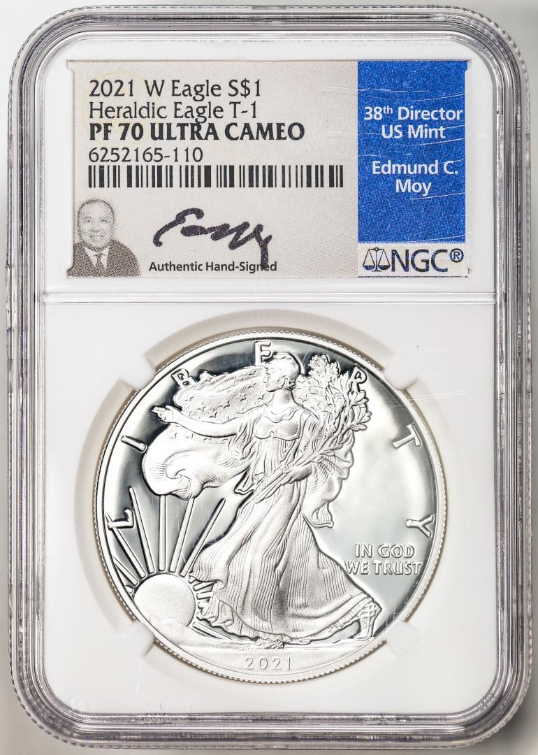 2021-W T-1 $1 Proof Heraldic American Silver Eagle Coin NGC PF70 Ultra Cameo Moy Sig: One 2021-W T-1 $1 Proof Heraldic American Silver Eagle Coin NGC PF70 Ultra Cameo Moy Sig. NGC Certified.