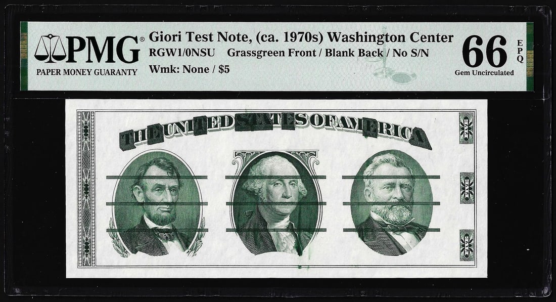 Circa 1970's Washington Center Giori Test Note PMG Gem Uncirculated 66EPQ: One Circa 1970's Washington Center Giori Test Note PMG Gem Uncirculated 66EPQ. PMG Certified.