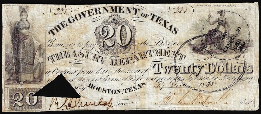 1838 $20 The Government of Texas Houston, TX Obsolete Bank Note Cut Canceled: One 1838 $20 The Government of Texas Houston, TX Obsolete Bank Note Cut Canceled.