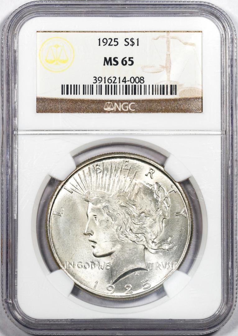 1925 $1 Peace Silver Dollar Coin NGC MS65: One 1925 $1 Peace Silver Dollar Coin NGC MS65. NGC Certified.