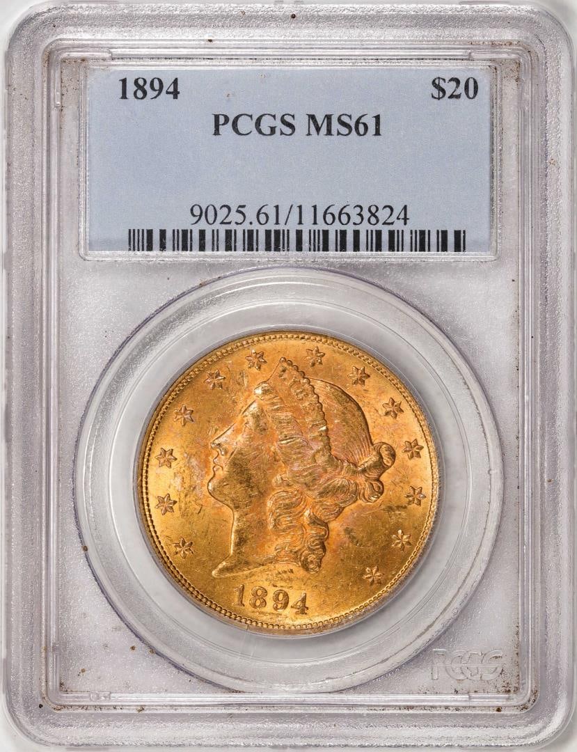 1894 $20 Liberty Head Double Eagle Gold Coin PCGS MS61: One 1894 $20 Liberty Head Double Eagle Gold Coin PCGS MS61. PCGS Graded.