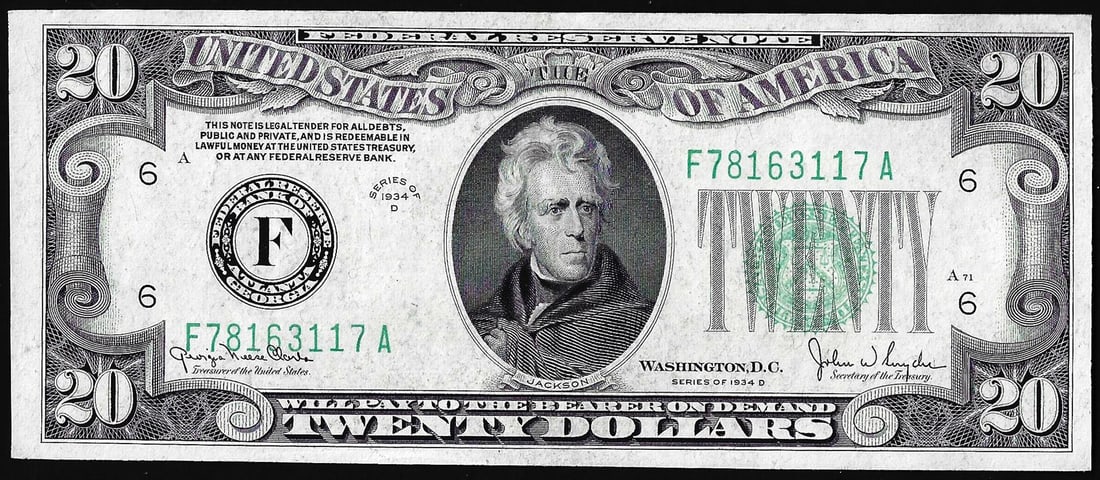 1934D $20 Federal Reserve Note Atlanta: One 1934D $20 Federal Reserve Note Atlanta.