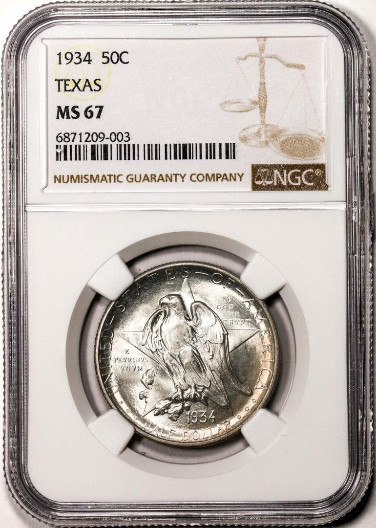 1934 Texas Commemorative Half Dollar Coin NGC MS67: One 1934 Texas Commemorative Half Dollar Coin NGC MS67. NGC Certified.