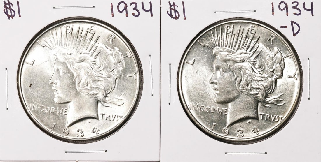 Set of 1934 & 1934-D $1 Peace Silver Dollar Coins: One Set of 1934 & 1934-D $1 Peace Silver Dollar Coins.