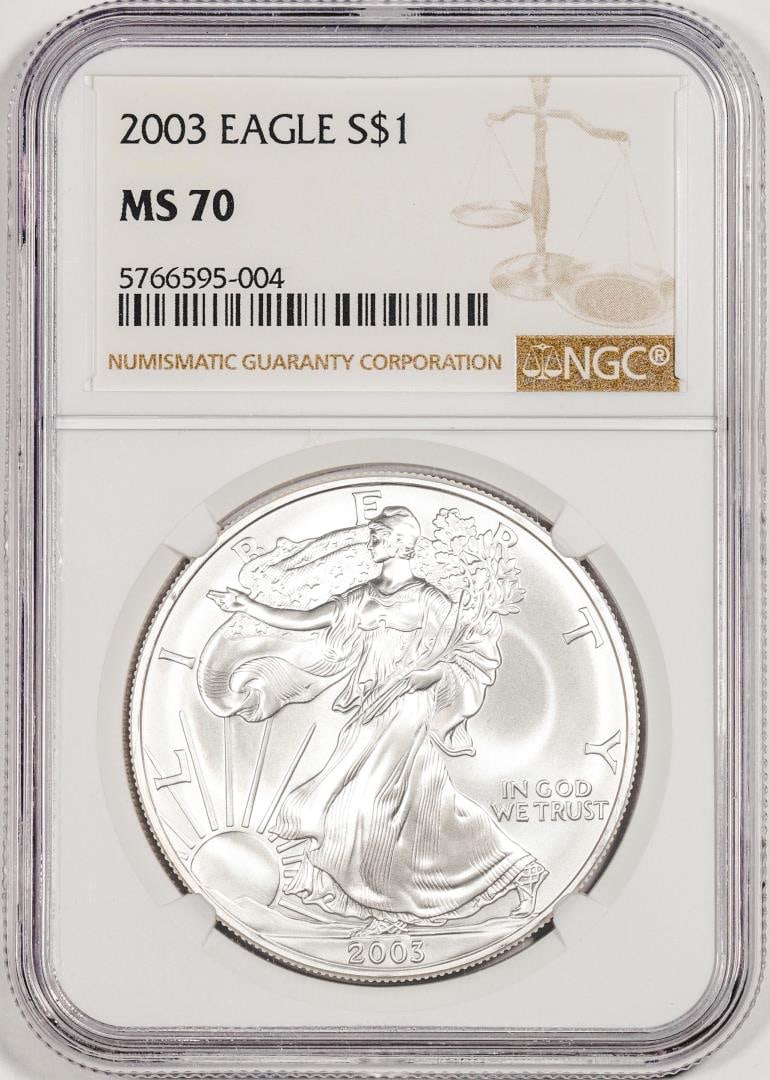 2003 $1 American Silver Eagle Coin NGC MS70: One 2003 $1 American Silver Eagle Coin NGC MS70. NGC Certified.