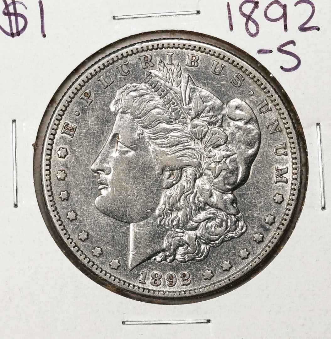 1892-S $1 Morgan Silver Dollar Coin: One 1892-S $1 Morgan Silver Dollar Coin.