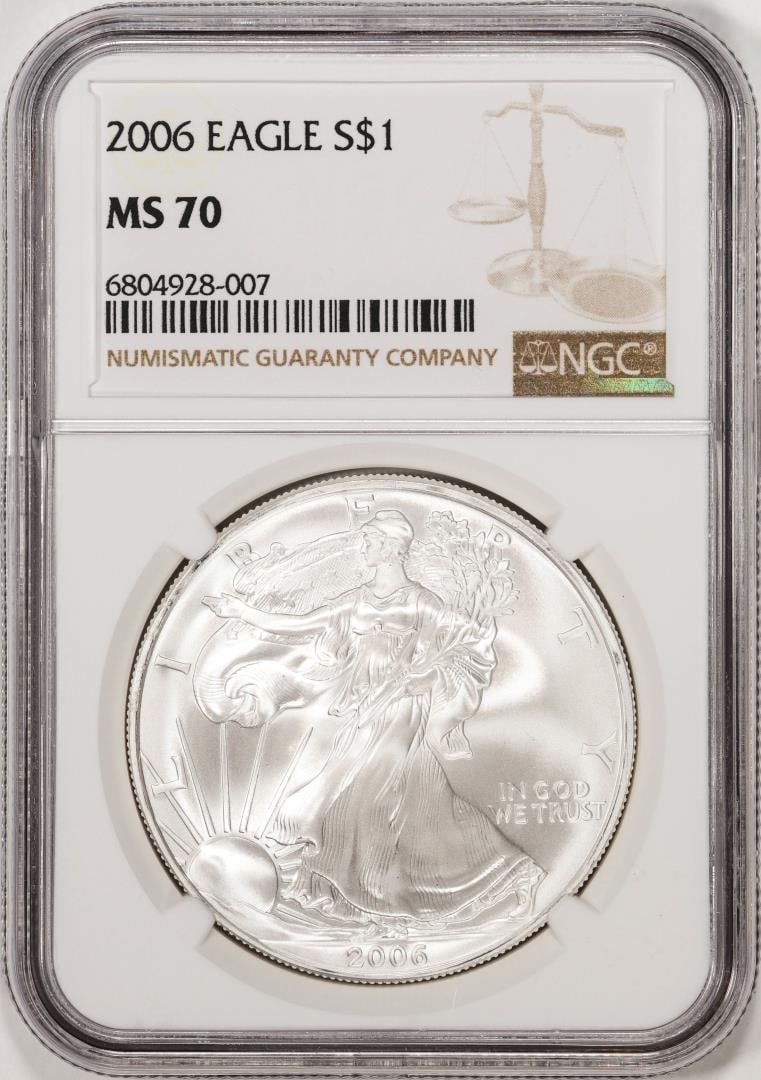 2006 $1 American Silver Eagle Coin NGC MS70: One 2006 $1 American Silver Eagle Coin NGC MS70. NGC Certified.