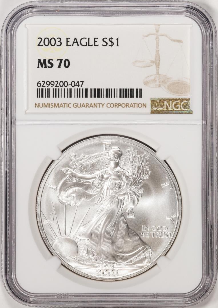 2003 $1 American Silver Eagle Coin NGC MS70: One 2003 $1 American Silver Eagle Coin NGC MS70. NGC Certified.