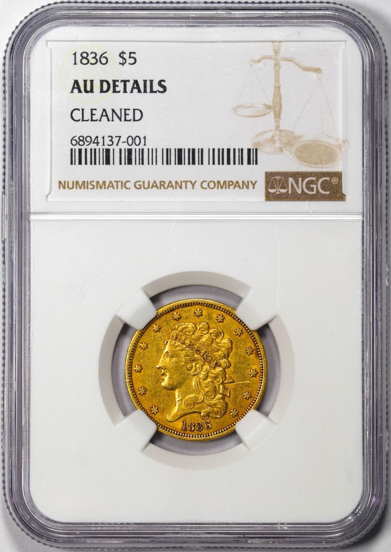 1836 $5 Liberty Head Half Eagle Gold Coin NGC AU Details Cleaned: One 1836 $5 Liberty Head Half Eagle Gold Coin NGC AU Details Cleaned. NGC Certified.