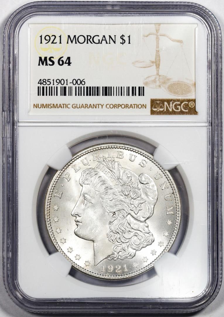1921 $1 Morgan Silver Dollar Coin NGC MS64: One 1921 $1 Morgan Silver Dollar Coin NGC MS64. NGC Certified.