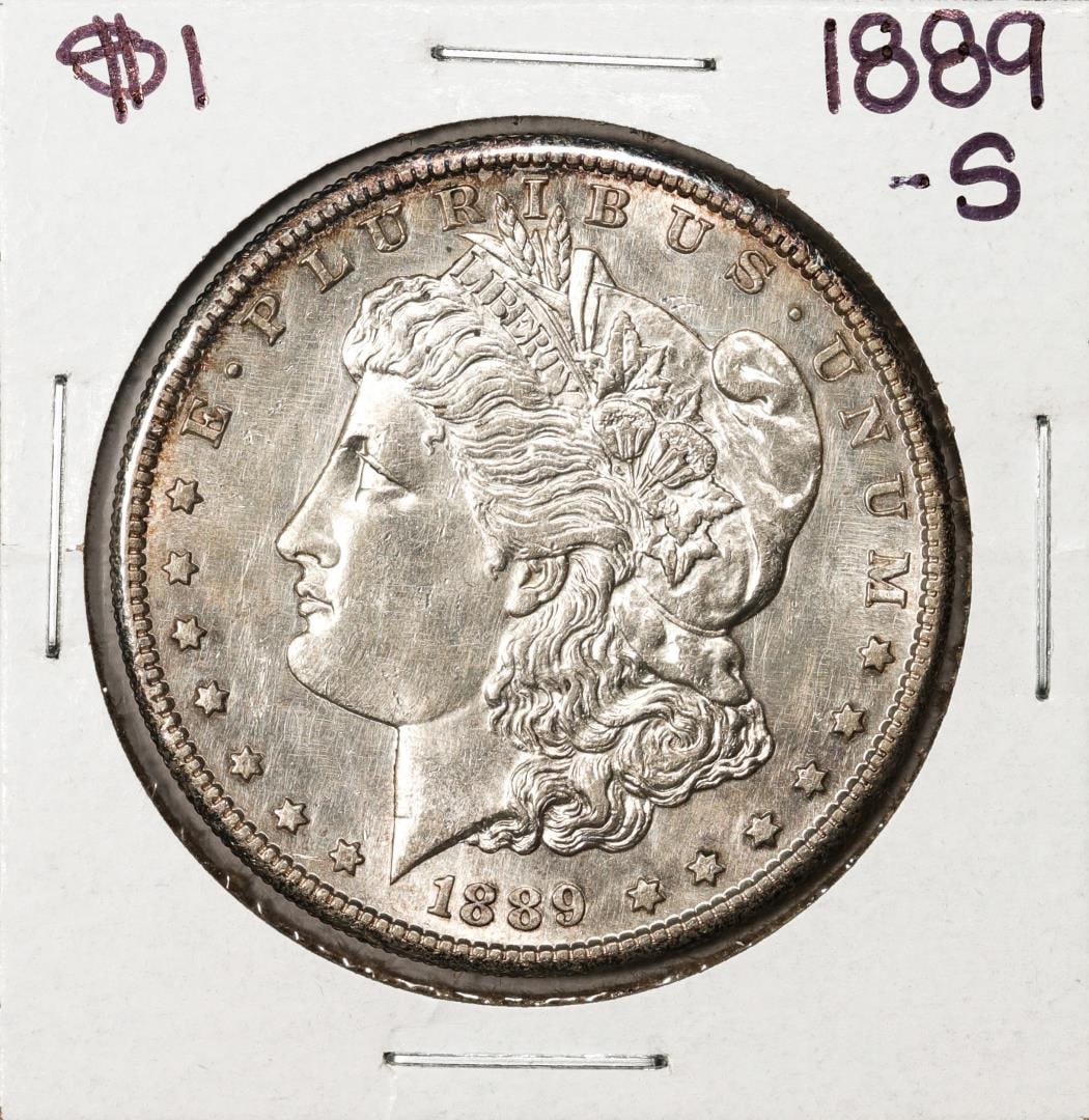 1889-S $1 Morgan Silver Dollar Coin: One 1889-S $1 Morgan Silver Dollar Coin.