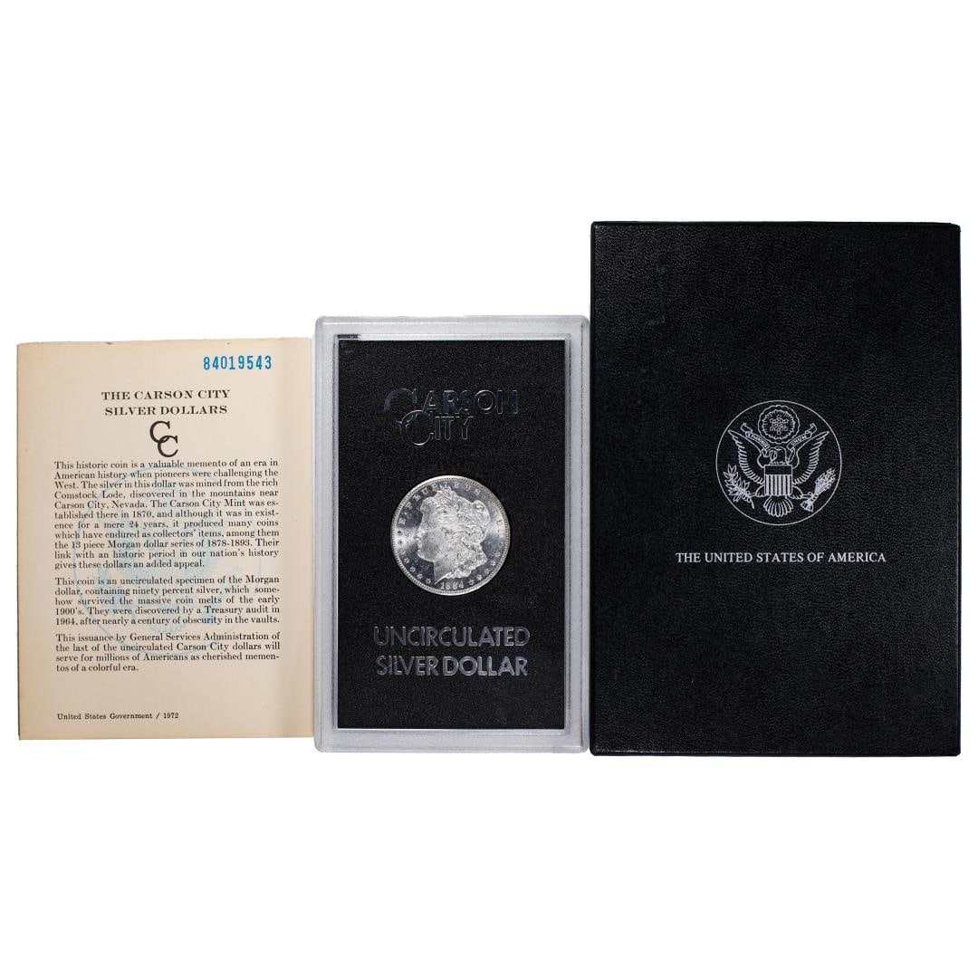 1884-CC $1 Morgan Silver Dollar Coin GSA Hoard Uncirculated w/Box & COA: One 1884-CC $1 Morgan Silver Dollar Coin GSA Hoard Uncirculated w/Box & COA.