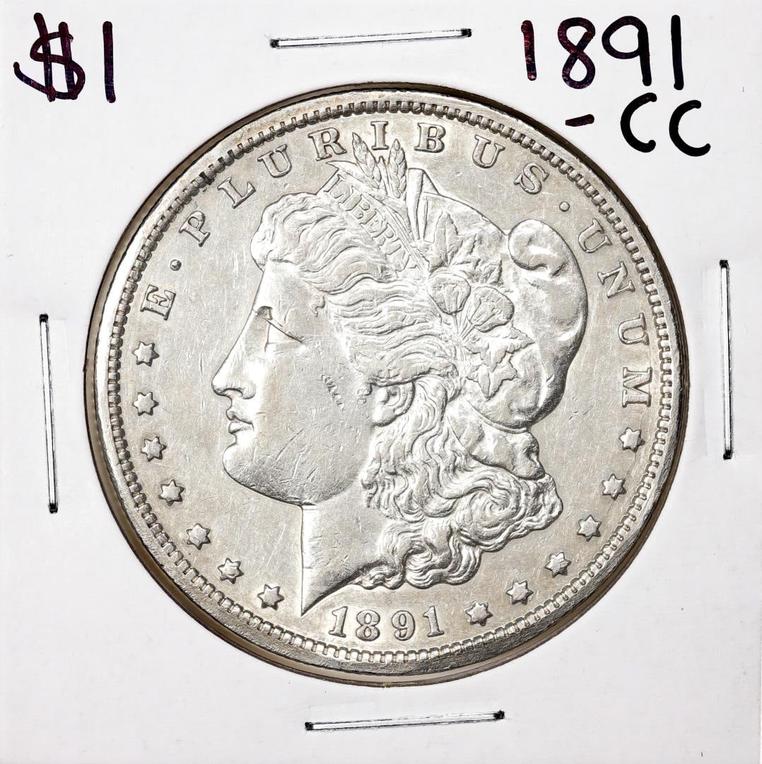 1891-CC $1 Morgan Silver Dollar Coin: One 1891-CC $1 Morgan Silver Dollar Coin.