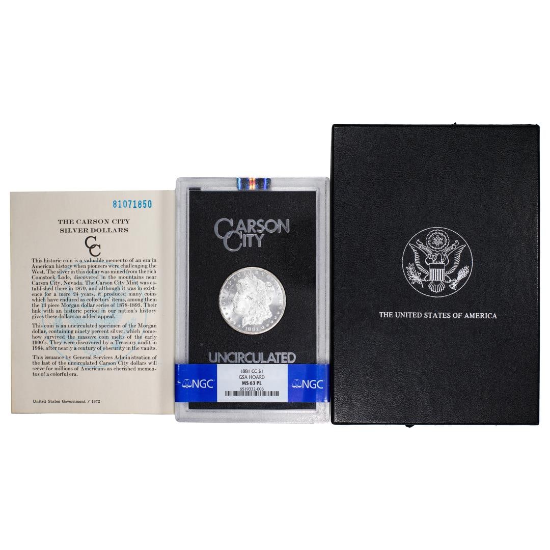 1881-CC $1 Morgan Silver Dollar Coin GSA Hoard Uncirculated NGC MS63PL w/Box & COA: One 1881-CC $1 Morgan Silver Dollar Coin GSA Hoard Uncirculated NGC MS63PL w/Box & COA. NGC Certified.