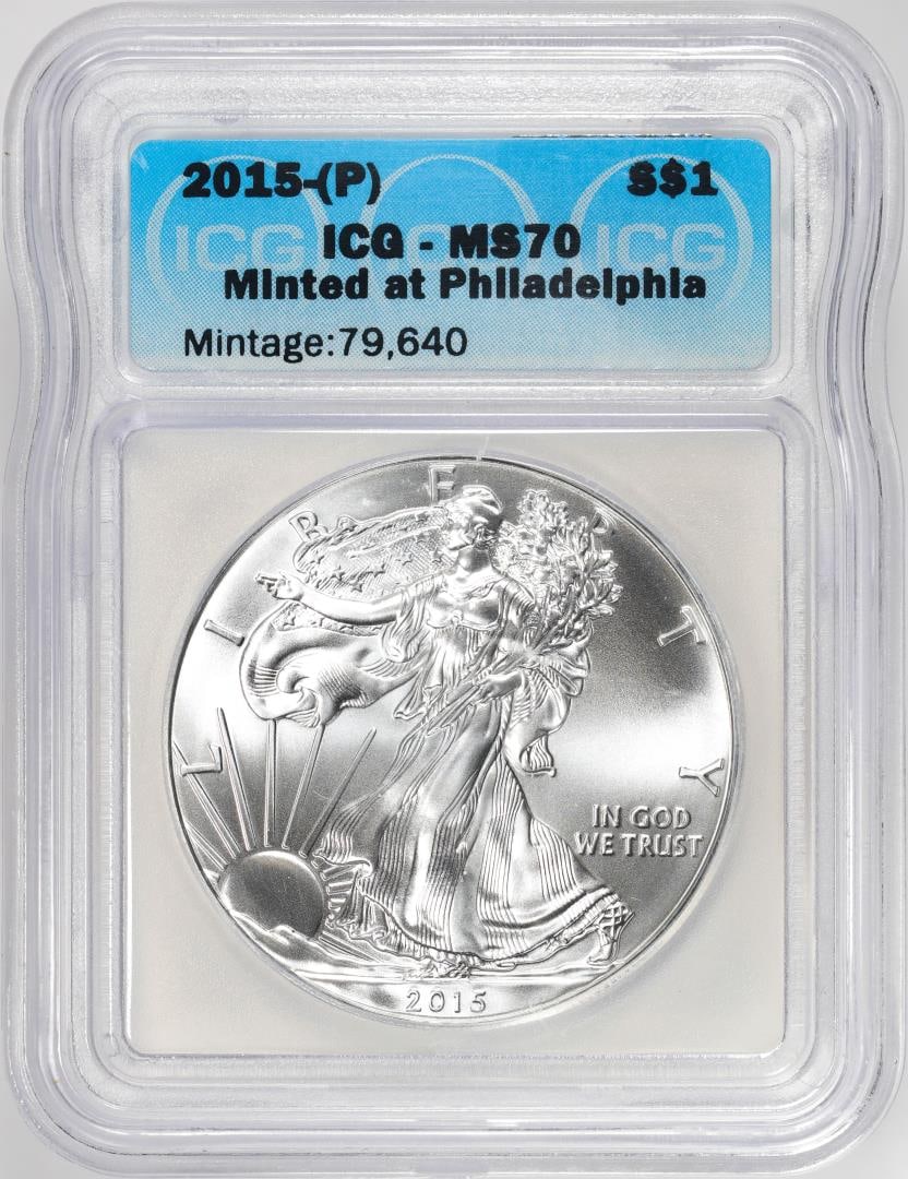 2015-(P) $1 American Silver Dollar Coin ICG MS70 Philadelphia: One 2015-(P) $1 American Silver Dollar Coin ICG MS70 Philadelphia. ICG Certified.