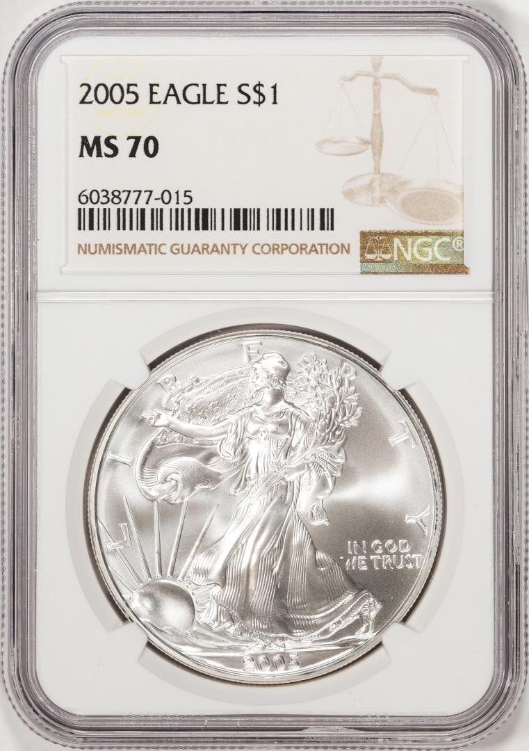 2005 $1 American Silver Eagle Coin NGC MS70: One 2005 $1 American Silver Eagle Coin NGC MS70. NGC Certified.