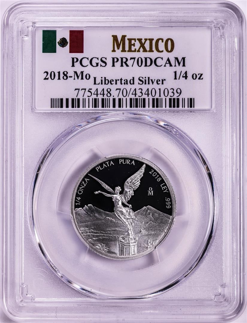 2018-Mo Mexico Proof 1/4 oz Silver Libertad Coin PCGS PR70DCAM: One 2018-Mo Mexico Proof 1/4 oz Silver Libertad Coin PCGS PR70DCAM. PCGS Graded.