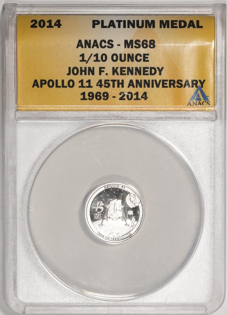 2014 Proof 1/10 oz Platinum JFK Apollo 11 Anniversary Medal ANACS MS68: One 2014 Proof 1/10 oz Platinum JFK Apollo 11 Anniversary Medal ANACS MS68. ANACS Certified.