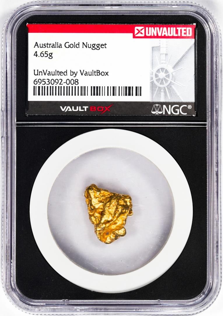 4.65 Gram Australia Gold Nugget NGC Vaultbox Unvaulted: One 4.65 Gram Australia Gold Nugget NGC Vaultbox Unvaulted. NGC Certified.