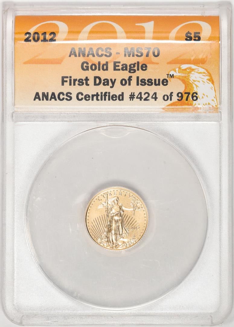 2012 $5 American Gold Eagle Coin ANACS MS70 First Day of Issue: One 2012 $5 American Gold Eagle Coin ANACS MS70 First Day of Issue. ANACS Certified.