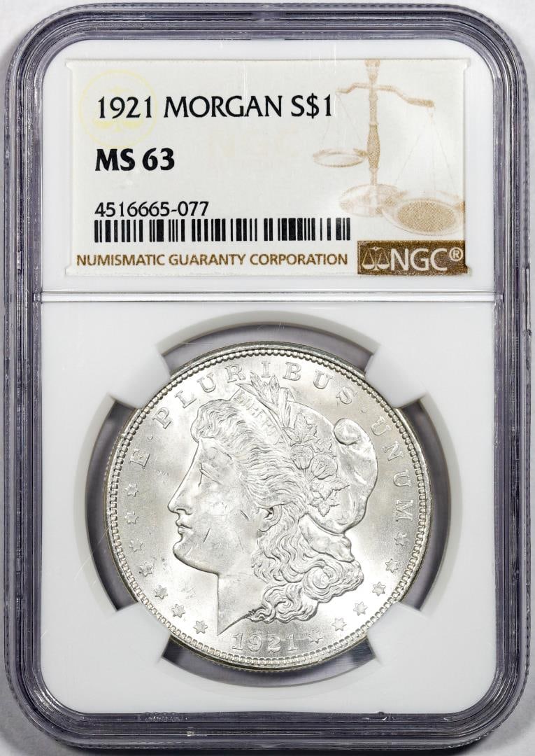 1921 $1 Morgan Silver Dollar Coin NGC MS63: One 1921 $1 Morgan Silver Dollar Coin NGC MS63. NGC Certified.