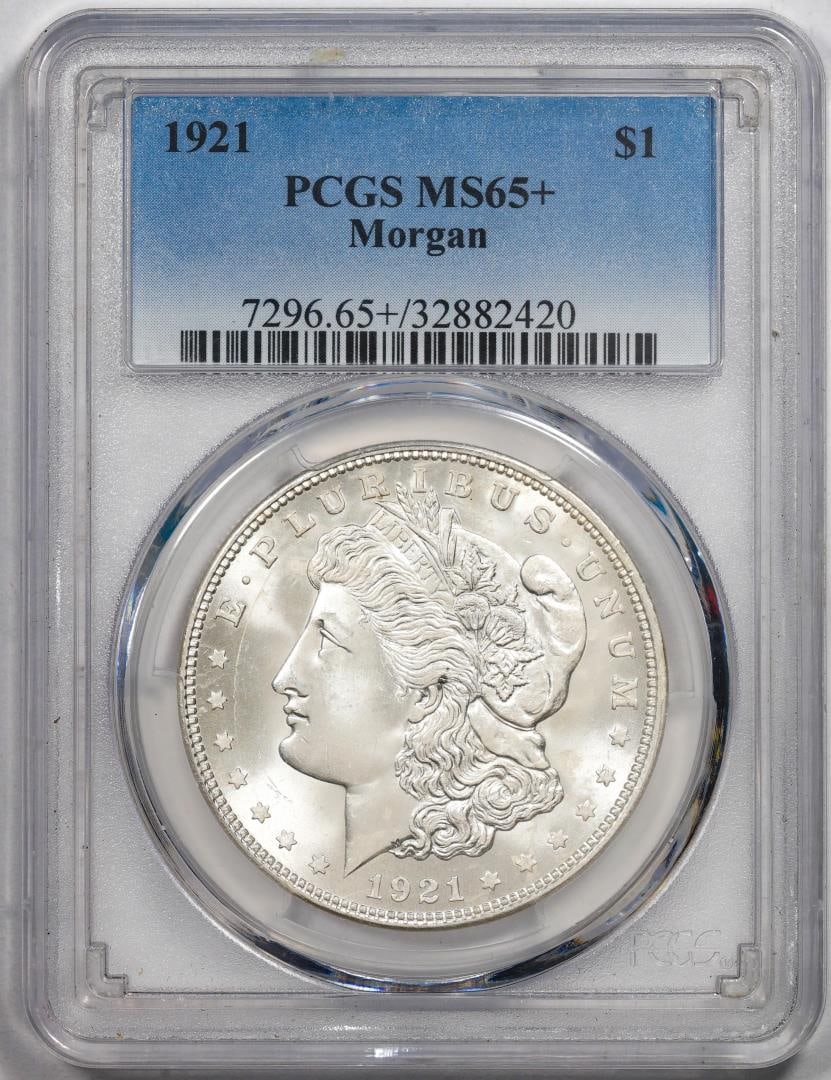 1921 $1 Morgan Silver Dollar Coin PCGS MS65+: One 1921 $1 Morgan Silver Dollar Coin PCGS MS65+. PCGS Graded.