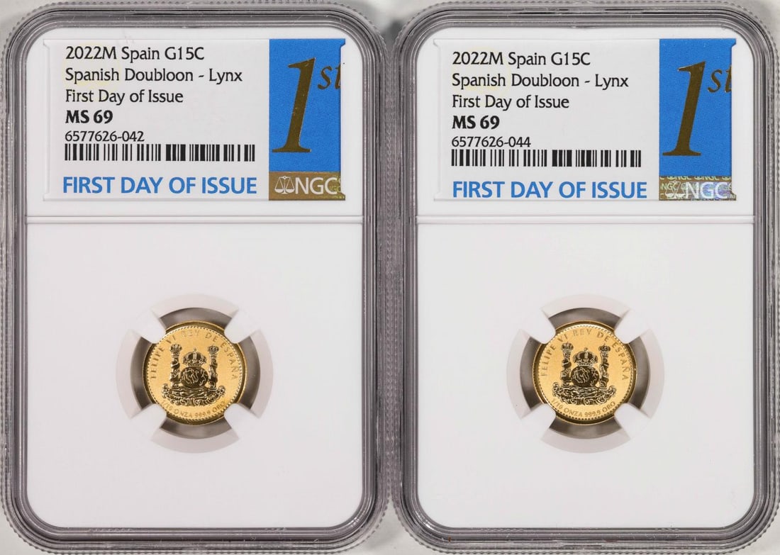 Lot of (2) 2022M Spain 15 Euro Cent Lynx Gold Doubloon Coins NGC MS69 FDOI: One Lot of (2) 2022M Spain 15 Euro Cent Lynx Gold Doubloon Coins NGC MS69 FDOI. NGC Certified.
