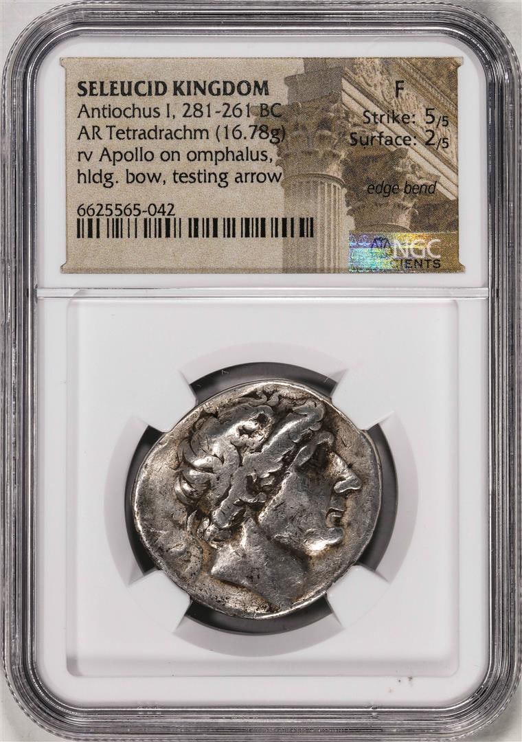 281-261 BC Seleucid Kingdom Antiochus I AR Tetradrachm Ancient Coin NGC F: One 281-261 BC Seleucid Kingdom Antiochus I AR Tetradrachm Ancient Coin NGC F. NGC Certified.