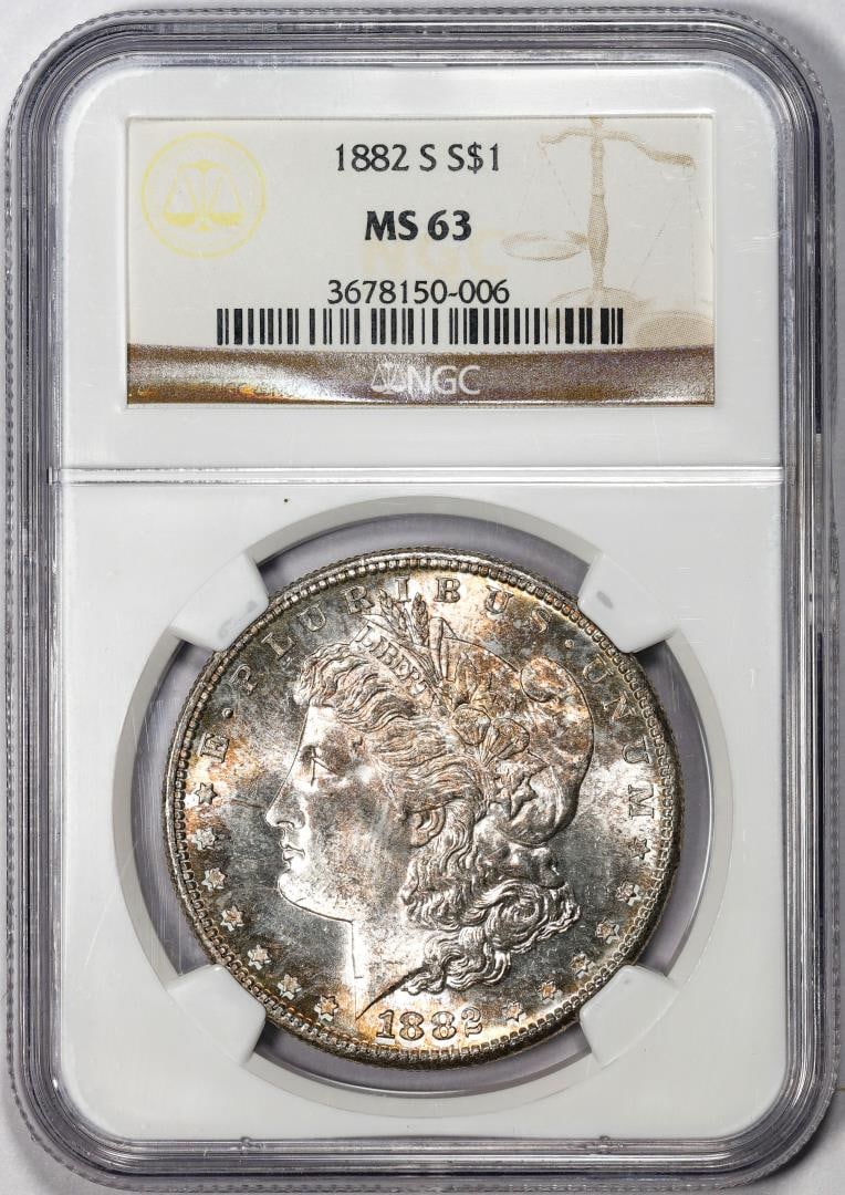 1882-S $1 Morgan Silver Dollar Coin NGC MS63: One 1882-S $1 Morgan Silver Dollar Coin NGC MS63. NGC Certified.