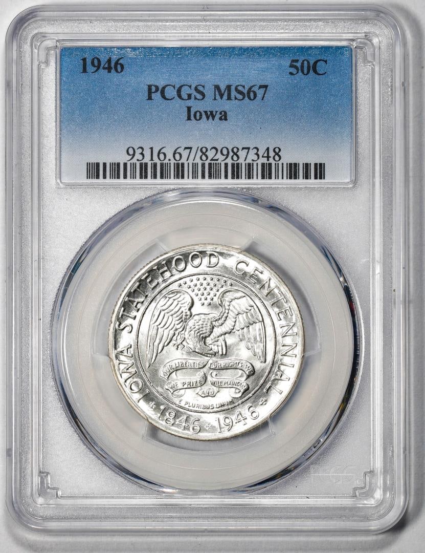 1946 Iowa Statehood Centennial Commemorative Half Dollar Coin PCGS MS67: One 1946 Iowa Statehood Centennial Commemorative Half Dollar Coin PCGS MS67. PCGS Graded.