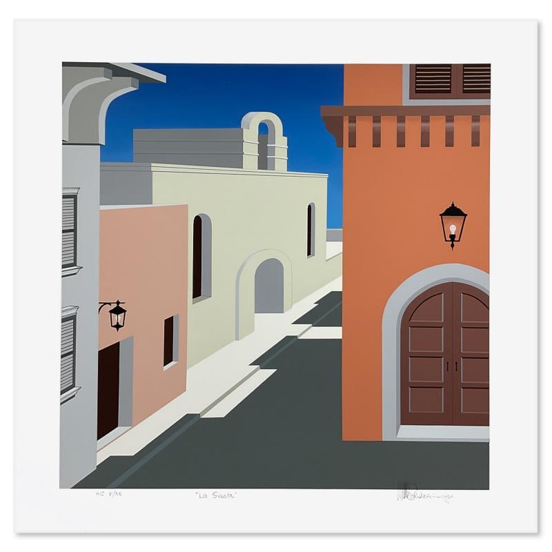William Schlesinger (1915-2011) "La Siesta" Limited Edition Serigraph on Paper: "La Siesta" is a limited edition serigraph on paper by William Schlesinger (1915-2011), HC numbered V/XX and hand signed by the artist. Includes Letter of Authenticity. Measures approx. 29" x 28" (bor