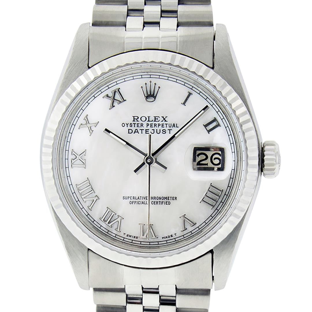 Rolex Mens Stainless Steel White Roman Datejust Wristwatch: One Pre Owned Stainless Steel Rolex Datejust Polished Bright with Satin Finish, Serviced & Electronically Tested, Rolex Stainless Steel Case: 36mm, Rolex Stainless Steel Crown, Rolex Bezel: 14K White 
